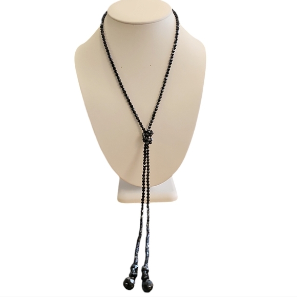 60's Navy Glass Long Necklace Tassel Acrylic Beads Vintage - Picture 1 of 4